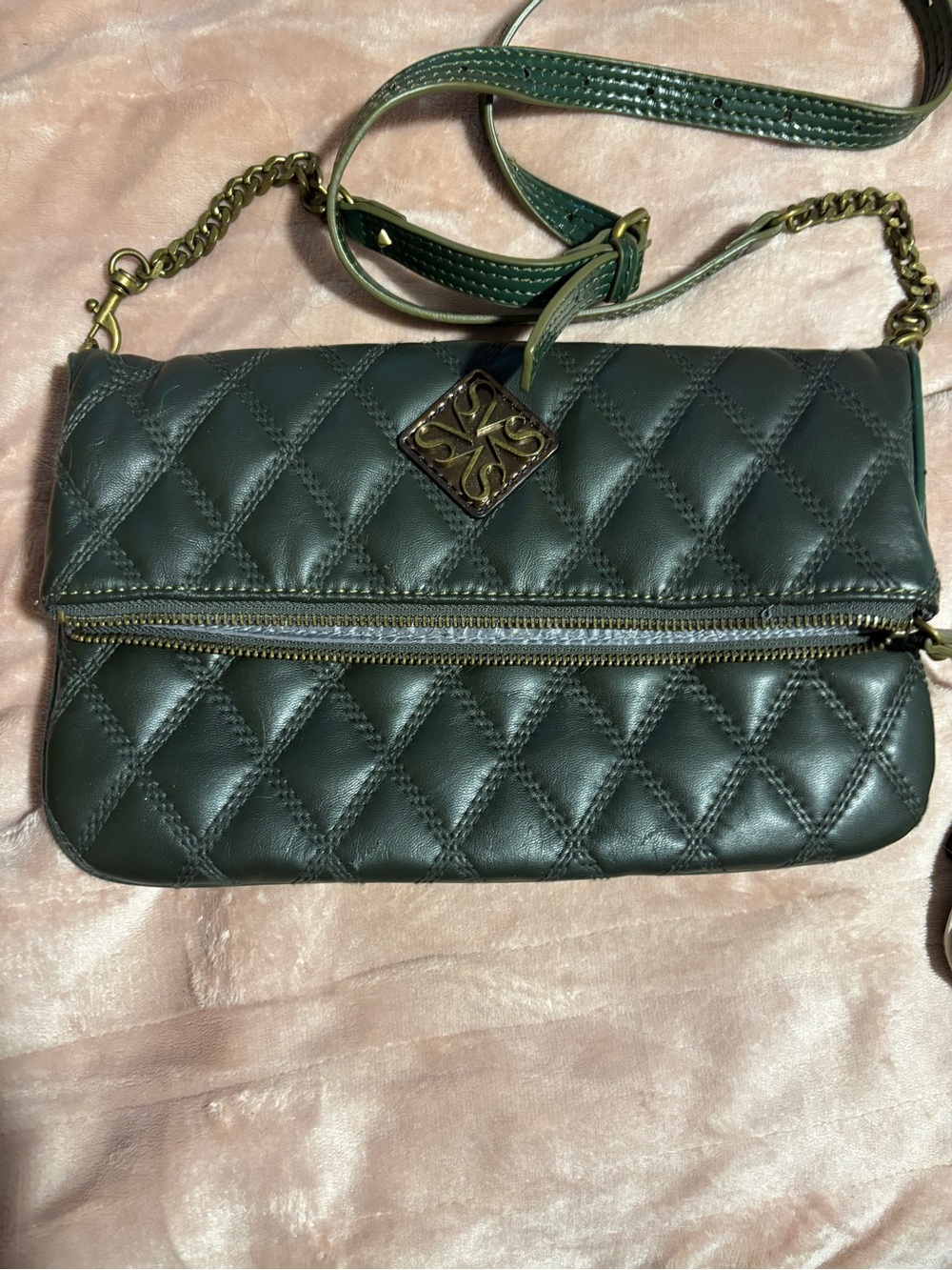 Vera Wang Quilted Forest Green Leather Crossbody with Chain Strap